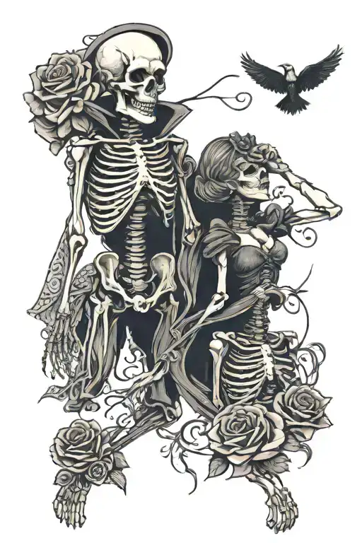 dancing skeleton couple, 2 roses on stems, raven half sleeve on forearm. All different tattoos to make the half sleeve  tattoo design idea
