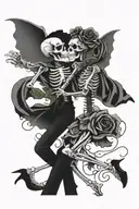 dancing skeleton couple, 2 roses on stems, raven hald sleeve on forearm tattoo design idea