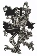 dancing skeleton couple, 2 roses on stems, raven hald sleeve on forearm tattoo design idea