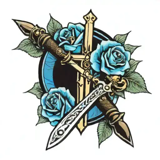 cross and sword with blue roses  tattoo design idea