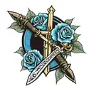 cross and sword with blue roses  tattoo design idea