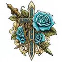cross and sword with blue roses  tattoo design idea
