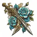 cross and sword with blue roses  tattoo design idea