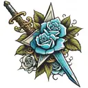cross and sword with blue roses  tattoo design idea