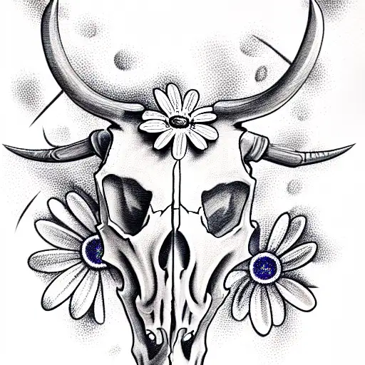 bull skull with daisies  tattoo design idea