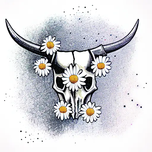 bull skull with daisies  tattoo design idea