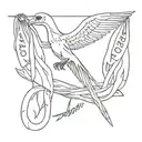 Skeleton of a bird carrying a scarf with the word 'FREEDOM' written below it tattoo design idea