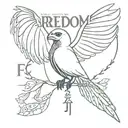 Skeleton of a bird carrying a scarf with the word 'FREEDOM' written below it tattoo design idea