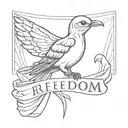 Skeleton of a bird carrying a scarf with the word 'FREEDOM' written below it tattoo design idea