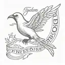 Skeleton of a bird carrying a scarf with the word 'FREEDOM' written below it tattoo design idea