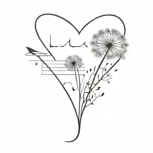 A book opening up to a dandelion, an airplane, a small wolf head, the letter a, music note, heart, flower tattoo design idea