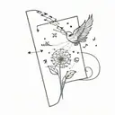 A book opening up to a dandelion, an airplane, a small wolf head, the letter a, music note, heart, flower tattoo design idea