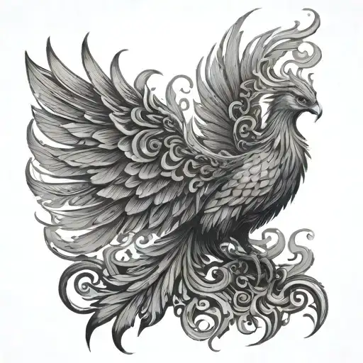 A phoenix rising from ashes, with feathers made of intricate designs symbolizing 'meraki' tattoo design idea