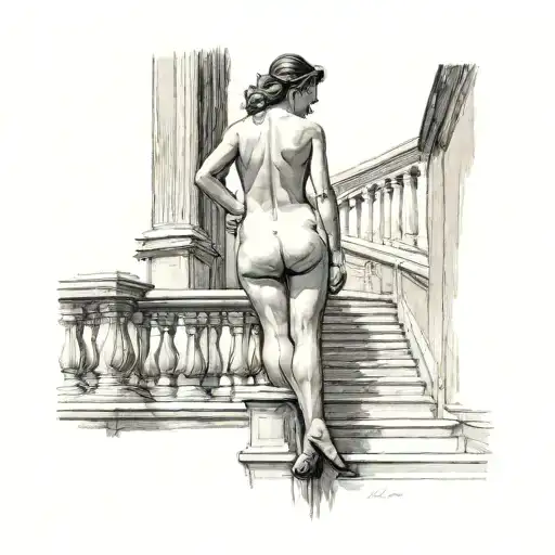 A nude female figure stands confidently at the top of a staircase, her skin rendered in subtle shades of alabaster and i tattoo design idea