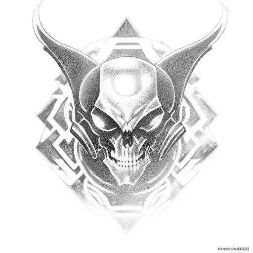 A cybernetic demon from Diablo playing a high-stakes poker game in outer space tattoo design idea