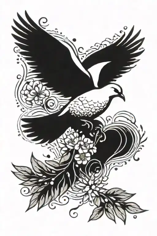 A tattoo of a peaceful dove carrying an olive branch, surrounded by astrology symbols and water elements tattoo design idea