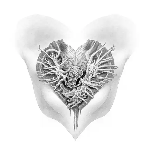 ribcage with broken heart coverage tattoo design idea
