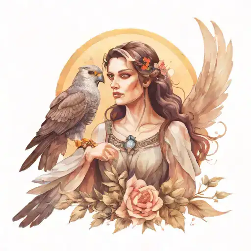 Huntress Artemis with a peregrine Falcon flying tattoo design idea