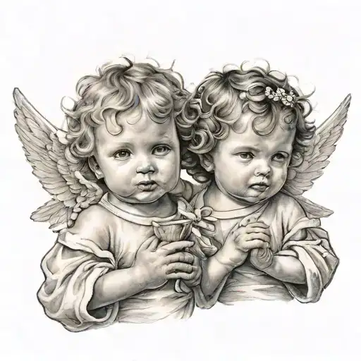 2 little angels with areola flying together tattoo design idea
