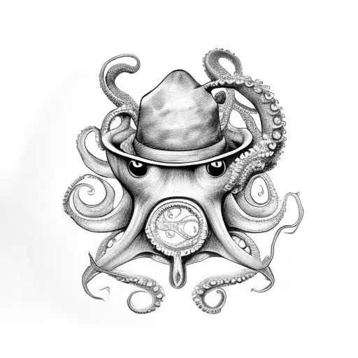 A coffee mug with an octopus wearing a hat as the handle tattoo design idea