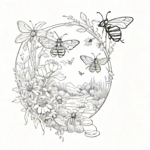A hiking trail winding through a garden filled with bees and butterflies tattoo design idea