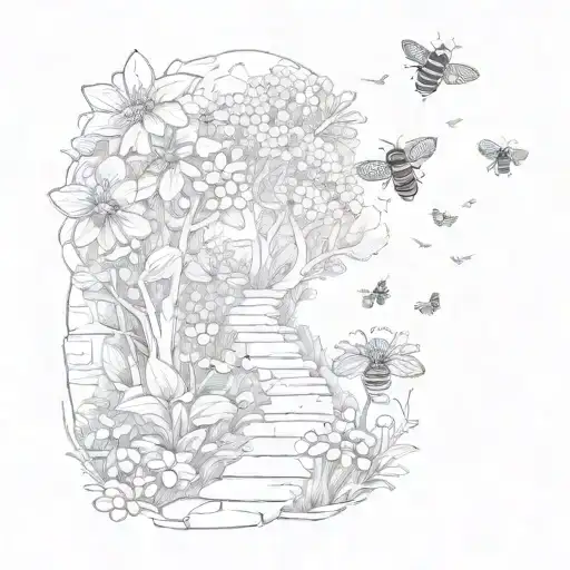 A hiking trail winding through a garden filled with bees and butterflies tattoo design idea