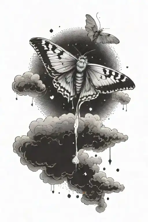 a moth flying above a cloud from which a heart hangs tattoo design idea