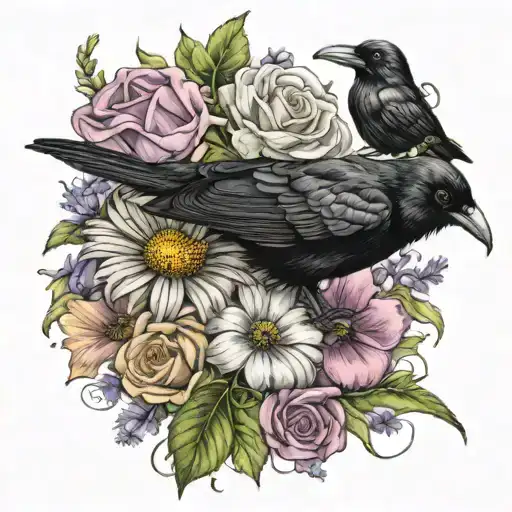 daisy flower, sweet pea flower, rose flower, honeysuckle flower, raven and querubin. tattoo design idea
