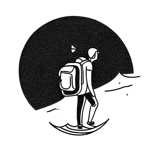 man with a backpack standing on a rock overlooking the sea tattoo design idea