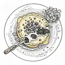 black and white tattoo of polenta on a plate with a meat sauce in the center, with pieces of meat visible. birds eye vie tattoo design idea