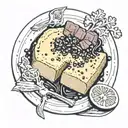 black and white tattoo of polenta on a plate with a meat sauce in the center, with pieces of meat visible. birds eye vie tattoo design idea