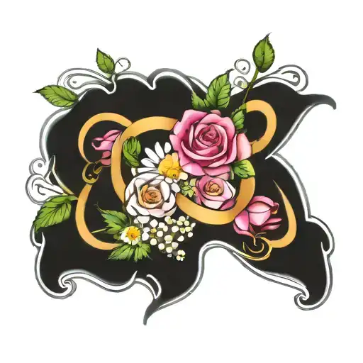 infinity sign, pink rose, chamomile flowers surrounded tattoo design idea