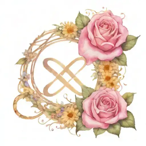infinity sign, pink rose, chamomile flowers surrounded tattoo design idea