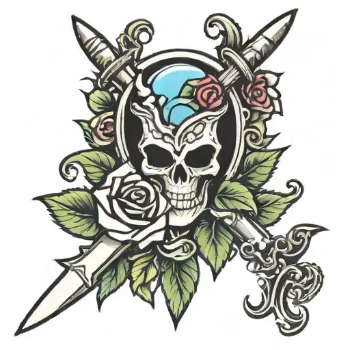 dagger with heart and roses tattoo design idea