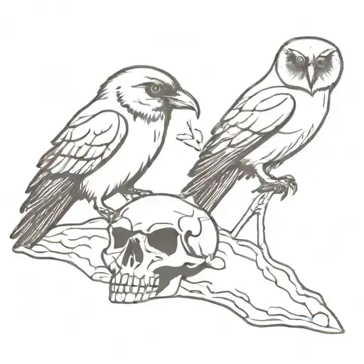 crow and owl perched on skull tattoo design idea