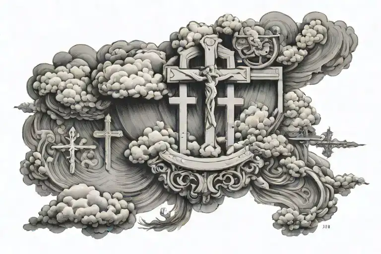 4/15/1984 in roman numerals and in the backround their heavenly looking clouds and 3 crosses falling out of the clouds tattoo design idea