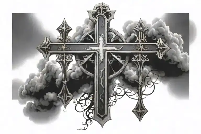 4 15 1984 in roman numerals and in the backround their heavenly looking clouds and 3 crosses falling out of the clouds tattoo design idea