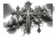 4 15 1984 in roman numerals and in the backround their heavenly looking clouds and 3 crosses falling out of the clouds tattoo design idea