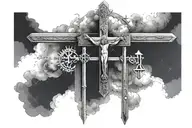 4 15 1984 in roman numerals and in the backround their heavenly looking clouds and 3 crosses falling out of the clouds tattoo design idea