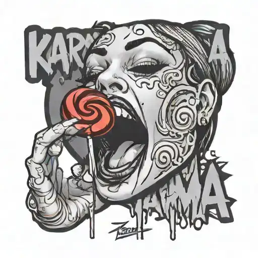 woman licking red lollipop, above the word karma in a graffiti style tattoo design idea