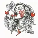 woman licking red lollipop, above the word karma in a graffiti style tattoo design idea