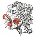 woman licking red lollipop, above the word karma in a graffiti style tattoo design idea