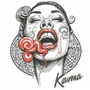 woman licking red lollipop, above the word karma in a graffiti style tattoo design idea