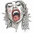 woman licking red lollipop, above the word karma in a graffiti style tattoo design idea