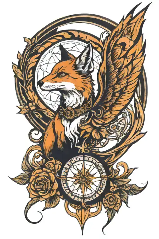 fox capricorn phoenix compas spiritual symbol merging tattoo design idea