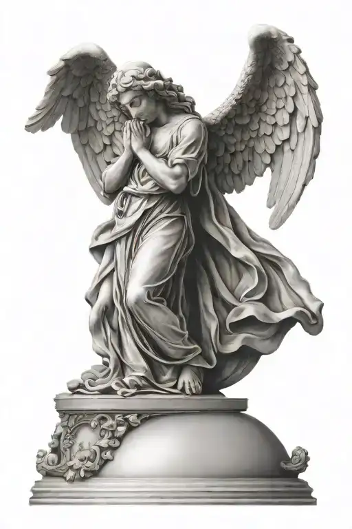 praying angel sculpture standing under dome ceiling with sunlight peaking  tattoo design idea