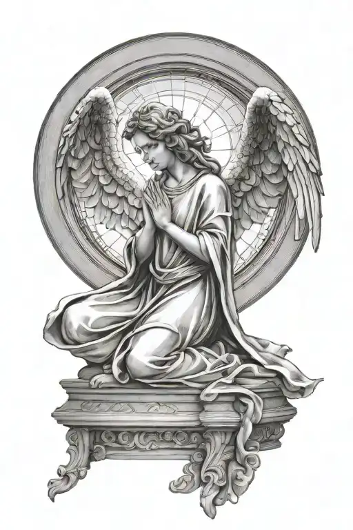 praying angel sculpture under dome ceiling window with sunlight tattoo design idea