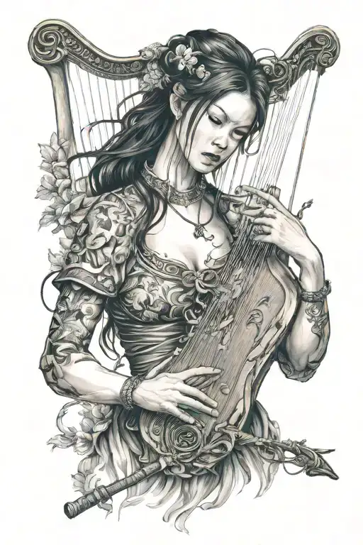 A girl plays the harp. She was pierced through from behind with a katana. Blood is flowing from the chest. tattoo design idea