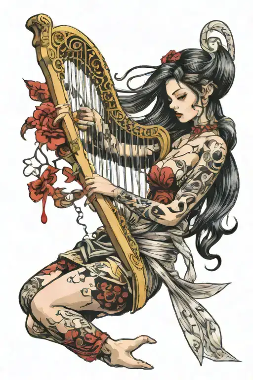 A girl plays the harp. She was pierced through from behind with a katana. Blood is flowing from the chest. tattoo design idea