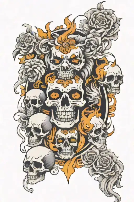 leo zodiac, family, skulls, fire tattoo design idea